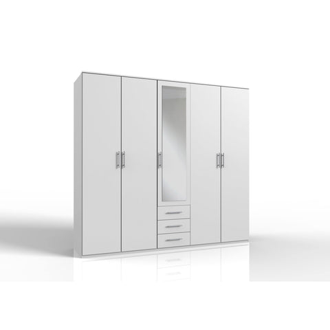ELI 5 Doors 3 Drawers Mirrored Wardrobe White-Wardrobe-Modern Furniture Deals