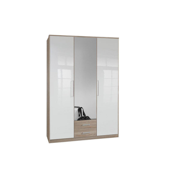 LORIN White And Oak Gloss 3 Door 2 Drawer Wardrobe-Modern Furniture Deals
