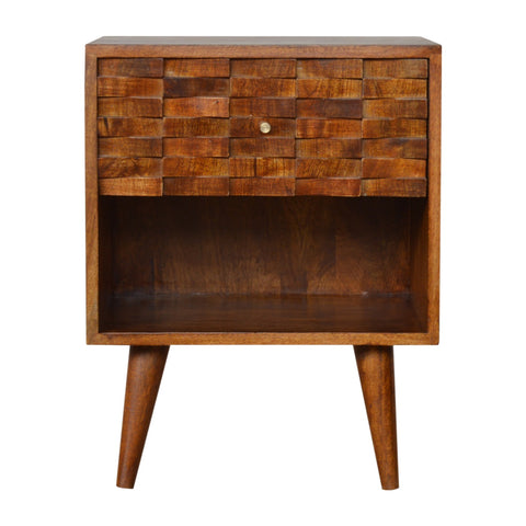 Carved Chestnut Bedside with Open Slot