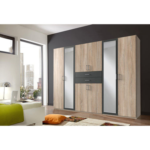 CAMILLA Oak And Graphite 8 Doors 2 Drawers Mirrored wardrobe-Wardrobe-Modern Furniture Deals