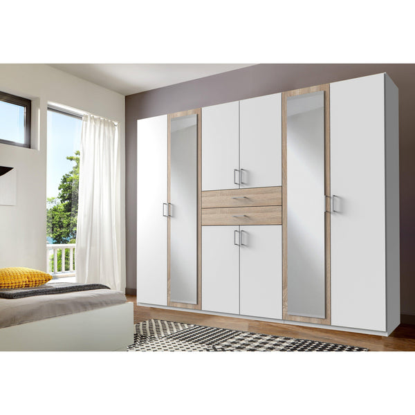 CAMILLA White And Oak 8 Doors 2 Drawers Mirrored wardrobe-Wardrobe-Modern Furniture Deals