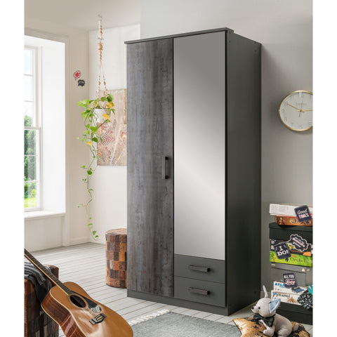 FORT 2 Doors 2 Drawers Steel Finish Mirrored Wardrobe-WARDROBE-Modern Furniture Deals