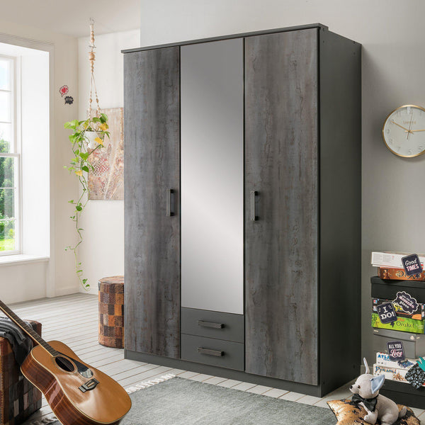 FORT 3 Doors 2 Drawers Steel Finish Mirrored Wardrobe-WARDROBE-Modern Furniture Deals