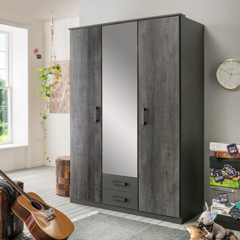 FORT 3 Doors 2 Drawers Steel Finish Mirrored Wardrobe-WARDROBE-Modern Furniture Deals