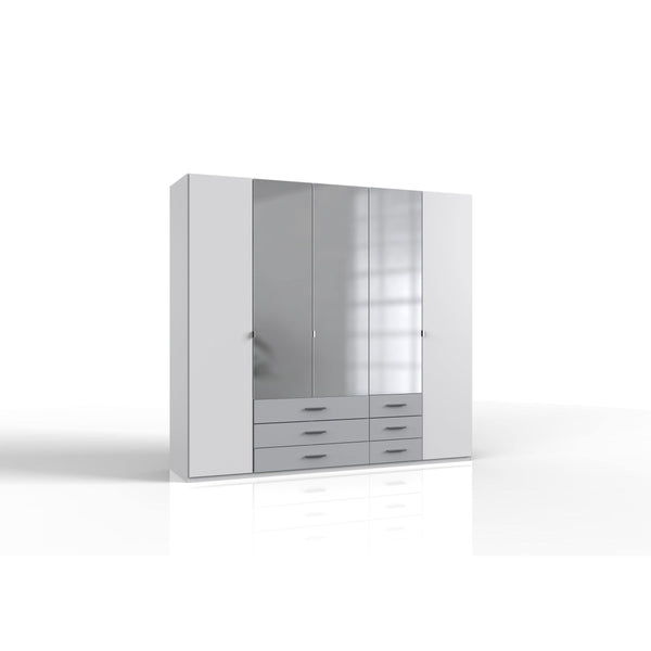 JOPE 5 Doors 6 Drawers Mirrored Wardrobe White Grey-Wardrobe-Modern Furniture Deals