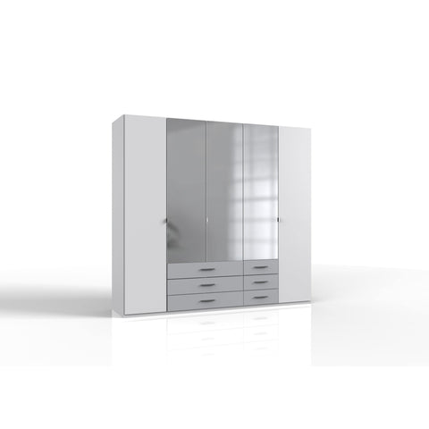 JOPE 5 Doors 6 Drawers Mirrored Wardrobe White Grey-Wardrobe-Modern Furniture Deals