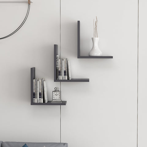 LINDA Set of 3 Shelves L Shaped Anthracite Grey-FURNITURE>WALL SHELVES-[sale]-[design]-[modern]-Modern Furniture Deals