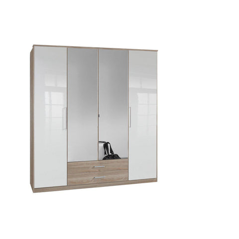 LORIN White And Oak Gloss 4 Door 2 Drawer Wardrobe-Modern Furniture Deals