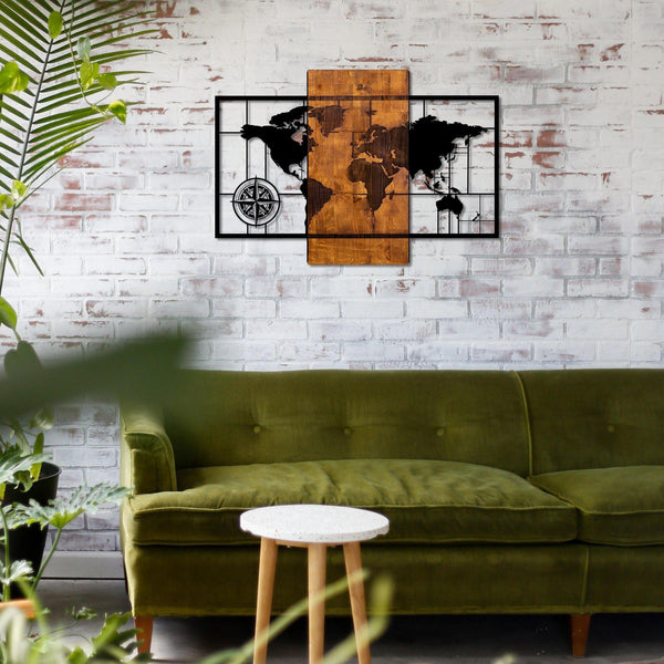 World Map With Compass Wall Art-Metal Wall Art-[sale]-[design]-[modern]-Modern Furniture Deals